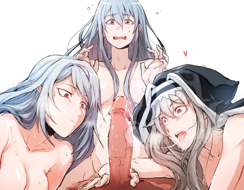 1boy 1male 3girls arknights breasts closed_mouth cock_shock dodok elf_ears fffm_foursome foursome gladiia_(arknights) heart large_penis long_hair multiple_girls naked nervous open_mouth penis penis_awe pointy_ears red_eyes saliva saliva_on_penis saliva_on_tongue saliva_string saliva_trail skadi_(arknights) specter_(arknights) straight tongue_out white_background white_hair