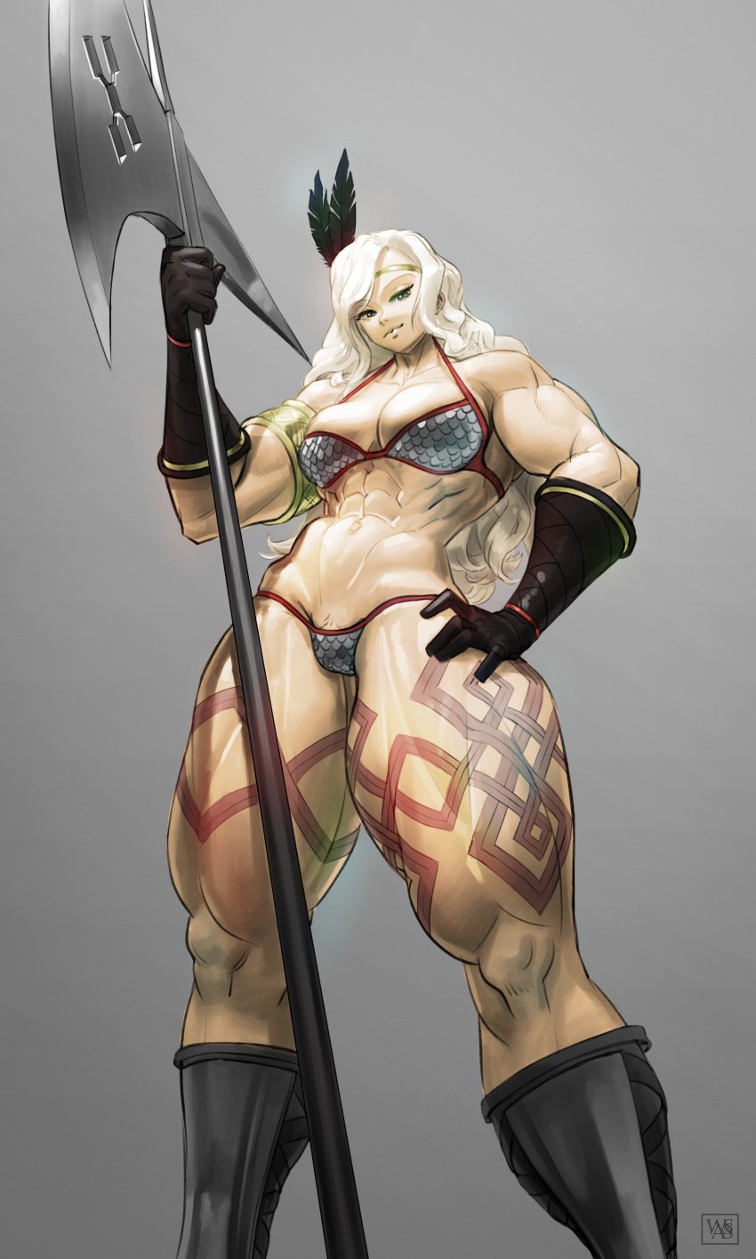 abs amazon amazon_(dragon's_crown) axe blonde_hair blonde_pubic_hair breasts cleavage dragon's_crown edit female gloves green_eyes legs long_hair looking_at_viewer looking_down muscles muscular_female muscular_thighs pubic_hair pubic_hair_peek solo tattoo thick_thighs third-party_edit thong viewed_from_below wassnonnam weapon