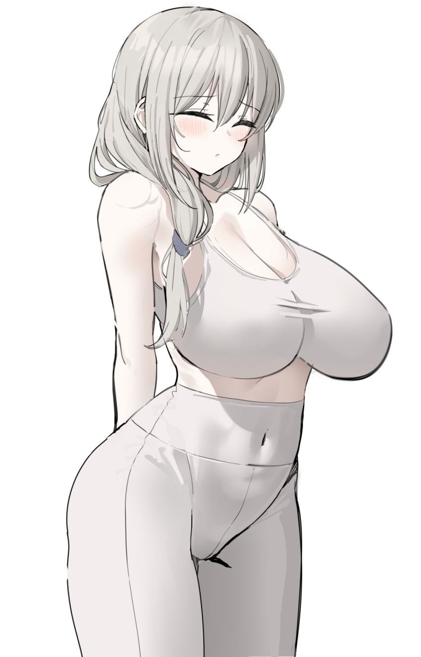 2d blush breasts cleavage closed_eyes clothed huge_breasts k_pring long_hair ponytail thick_thighs thighs thin_arms tight_clothing uzaki-chan_wa_asobitai! uzaki_tsuki white_background white_hair white_legwear white_skin work_in_progress workout_clothes