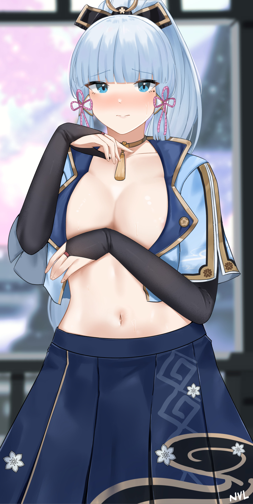 1girls big_breasts blue_eyes blush breasts cleavage clothing covering_breasts female female_only genshin_impact hi_res human kamisato_ayaka looking_at_viewer mole mole_under_eye nvl ponytail skirt