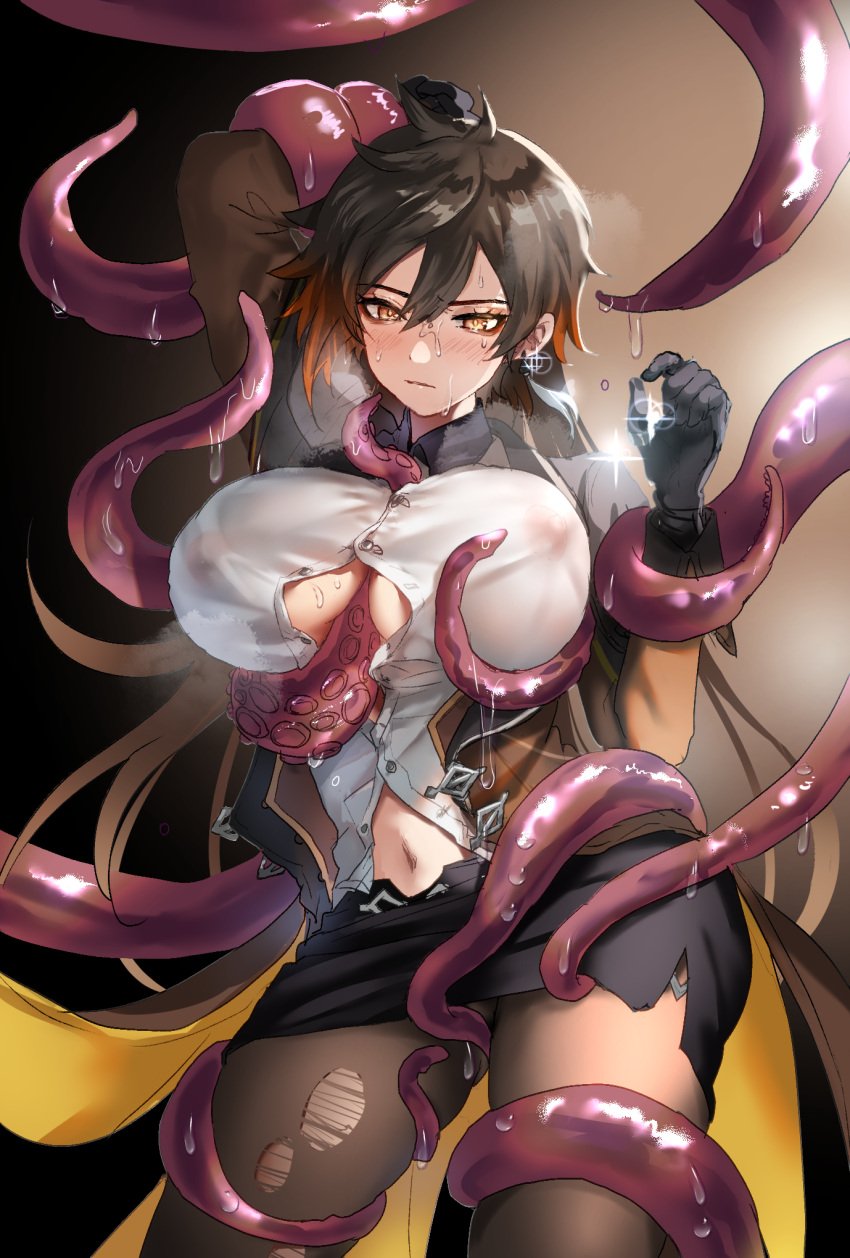 1girls bangs black_gloves black_hair black_legwear blush breasts brown_hair closed_mouth collared_shirt earrings female female_only formal genderswap genderswap_(mtf) genshin_impact gloves hair_between_eyes highres jacket jewelry large_breasts long_hair long_sleeves md5_mismatch midriff midriff_peek multicolored_hair navel open_clothes open_jacket pantyhose resolution_mismatch restrained rule_63 shirt simple_background single_earring skirt slime_(substance) solo source_smaller sparkle suit tassel tassel_earrings tentacle white_shirt yavalley yellow_eyes zhongli_(genshin_impact)