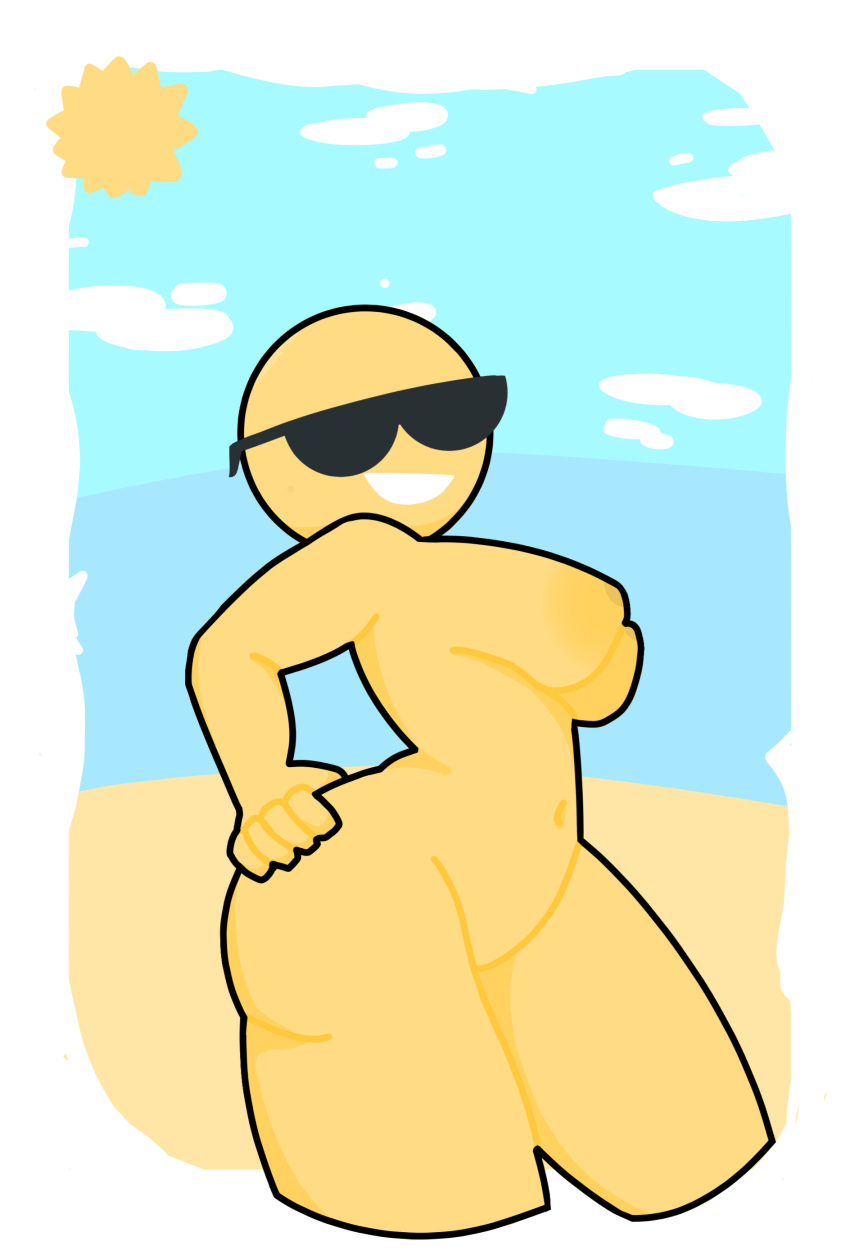 1girls areolae ass ass_grab beach belly_button boots clouds confident curvy curvy_figure emoji emoji_(race) hand_on_ass large_breasts looking_at_viewer magthender nipples outline outside posing side_view sideboob sky smile smiling smiling_at_viewer solo solo_female sun sunglasses sunglasses_on_head sunglasses_only teeth thick_thighs thighs vhfd yellow_skin