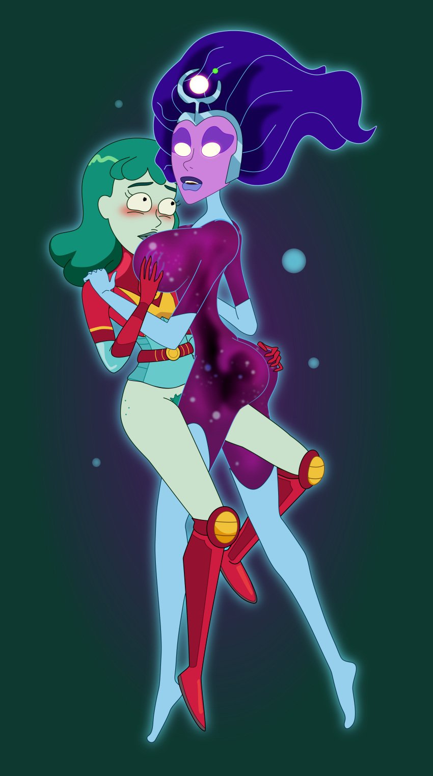 2girls ass_grab bottomless bottomless_female breast_grab breasts butt_grab curvy_female female_only full_body green_hair green_pubic_hair green_skin large_breasts multiple_girls partially_clothed planetina pubic_hair purple_skin redlever rick_and_morty supernova_(rick_and_morty) tribadism yuri