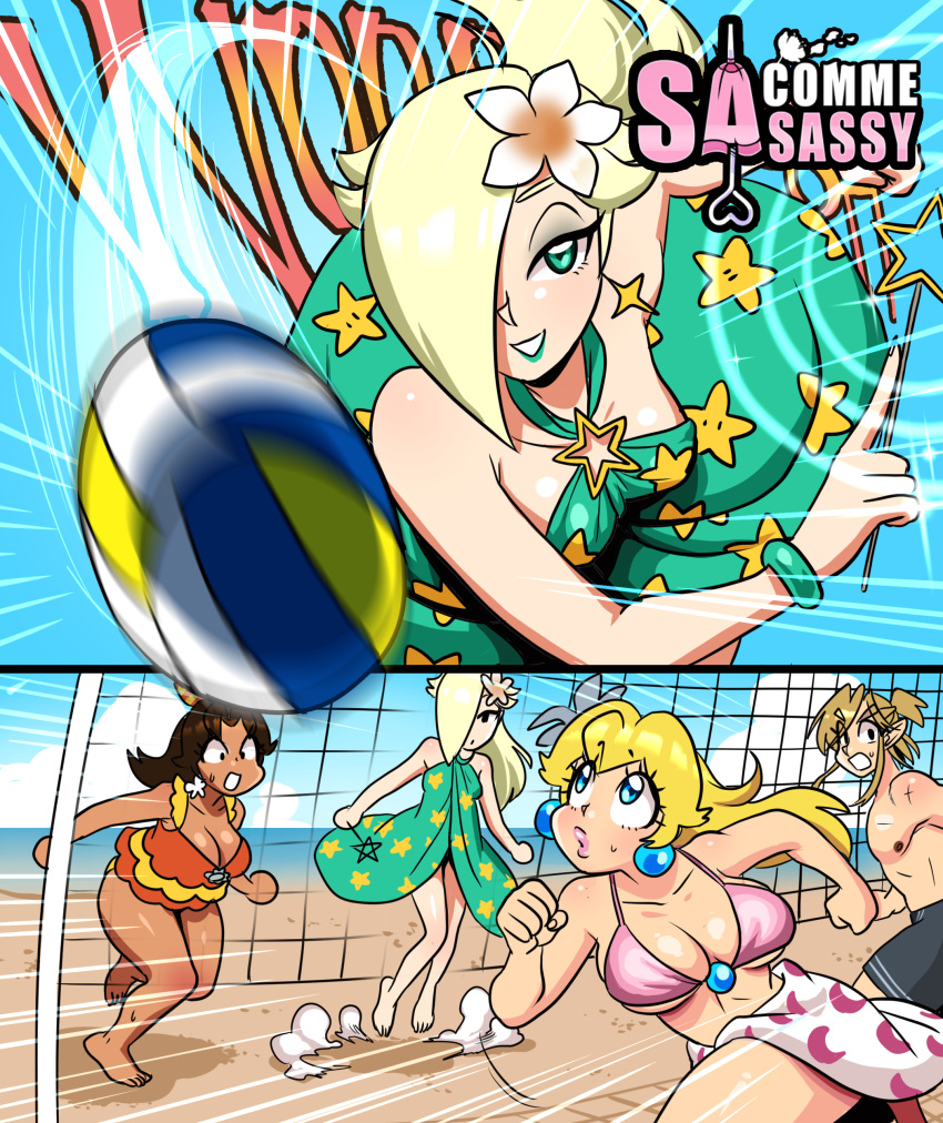 1boy 3girls alternate_breast_size bracelet breasts breath_of_the_wild cleavage crossover earrings female huge_breasts link link_(breath_of_the_wild) mario_(series) mario_kart mario_kart_tour multiple_images nintendo princess_daisy princess_peach princess_rosalina sasatseng super_mario_odyssey the_legend_of_zelda