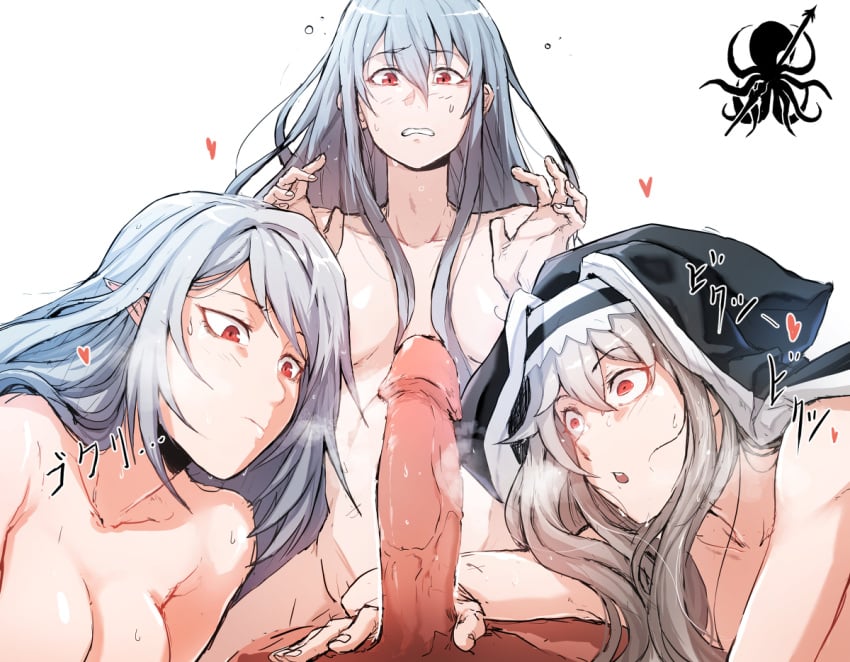 1boy 1male 3girls :o arknights breasts closed_mouth cock_shock dodok elf_ears fffm_foursome foursome gladiia_(arknights) heart japanese_text long_hair multiple_girls naked nervous open_mouth penis penis_awe pointy_ears red_eyes skadi_(arknights) specter_(arknights) straight touching_penis white_background white_hair