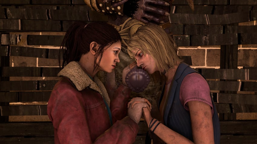 1boy 2girls 3d big_penis blonde_hair blue_eyes brown_eyes brown_hair cheryl_mason clothed crossover cute dbd dead_by_daylight eastern_and_western_character eye_contact handjob heather_mason holding_hands kazan_yamaoka kissing_penis monster nancy_wheeler netflix penis silent_hill silent_hill_3 spaceboy21 stranger_things the_oni_(dbd)