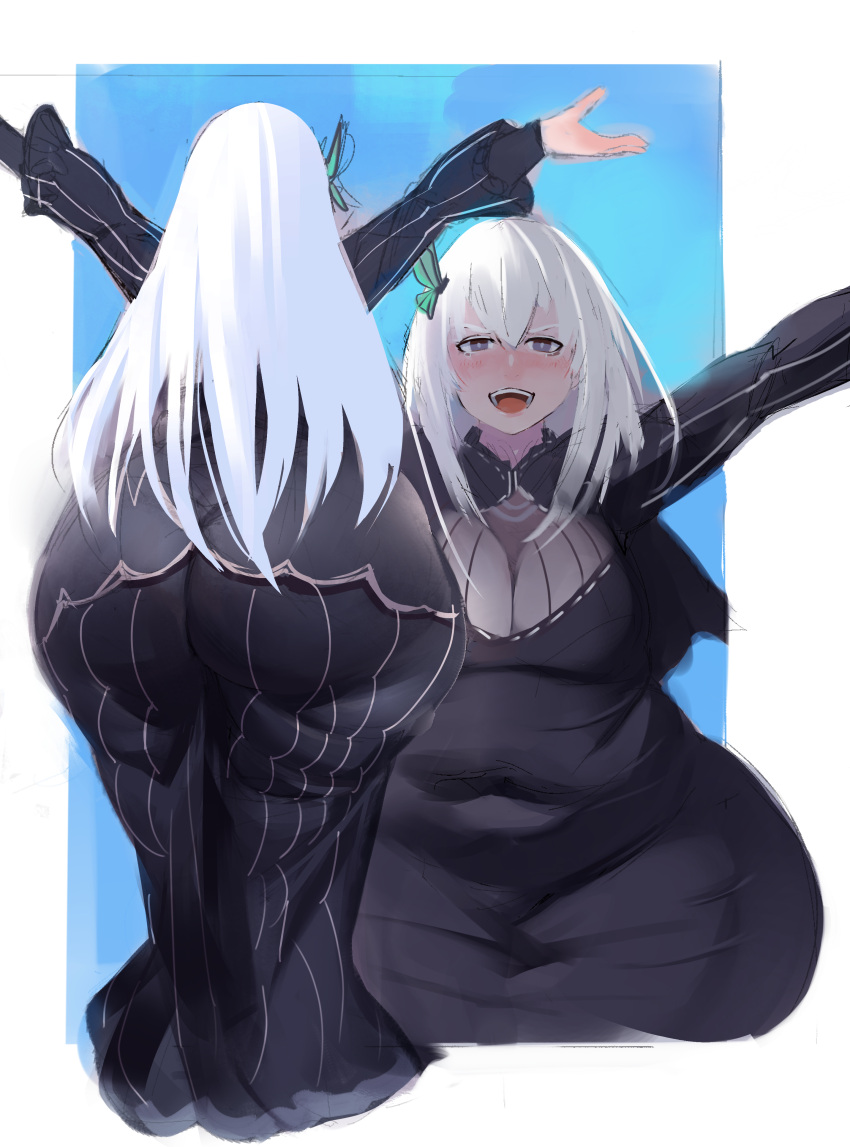 ass ass_in_dress back_view bamboo_ale big_ass bottom_heavy butterfly_hair_ornament echidna_(re:zero) huge_ass hyper hyper_ass long_hair overweight re:zero_kara_hajimeru_isekai_seikatsu white_hair