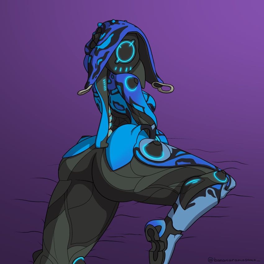 1girls ass back back_view bananaramasama big_ass black_body blue_body breasts female female_focus female_only female_solo glowing humanoid ivara_(warframe) looking_at_viewer looking_back looking_back_at_viewer robot robot_girl solo solo_female tagme thick_thighs two_tone_body warframe wide_hips