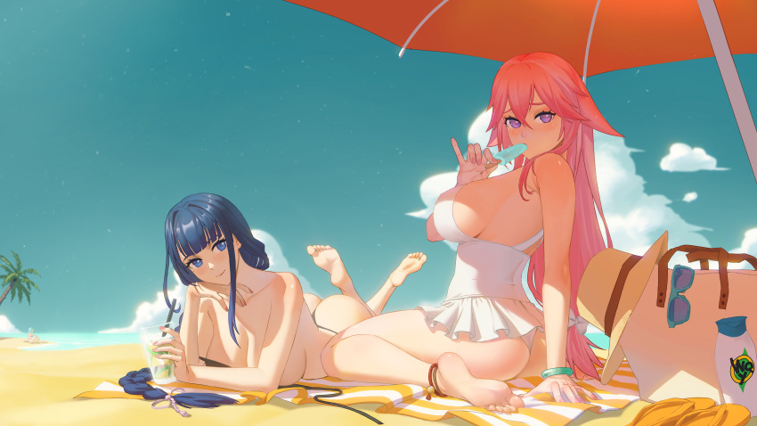 2girls ass barefoot beach big_ass bikini blue_eyes blue_hair breasts curvy feet female female_only genshin_impact highres large_breasts looking_at_viewer lotion pink_hair popsicle raiden_shogun sideboob soles swimsuit toes untied_bikini w.q.y yae_miko