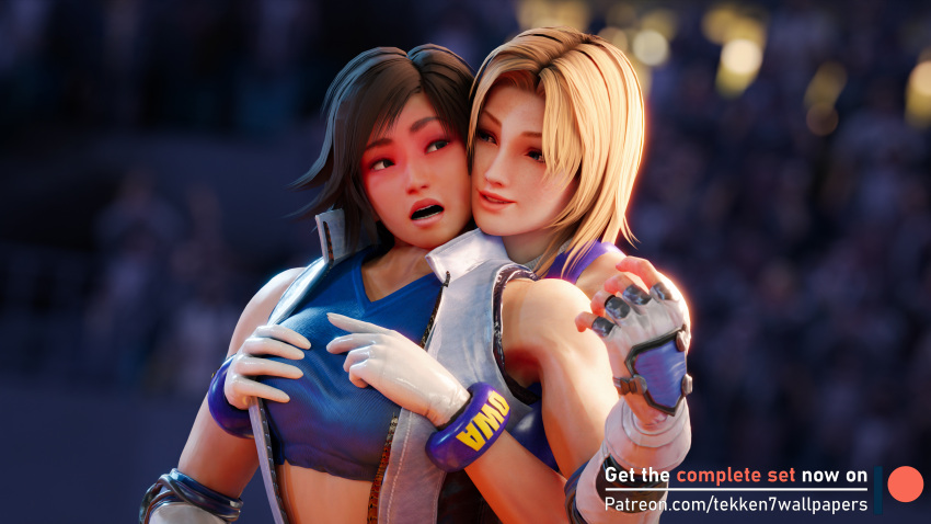 2girls 3d absurdres behind_another blonde_hair breast_grab breasts brown_hair catfight cleavage crossover cuddling dead_or_alive female female_only grabbing hand_on_another's_cheek highres hug hug_from_behind kazama_asuka kissing kissing_cheek multiple_girls restrained smile tank_top tekken tekken7wallpapers tekken_7 tina_armstrong wrestling_outfit wrestling_ring yuri