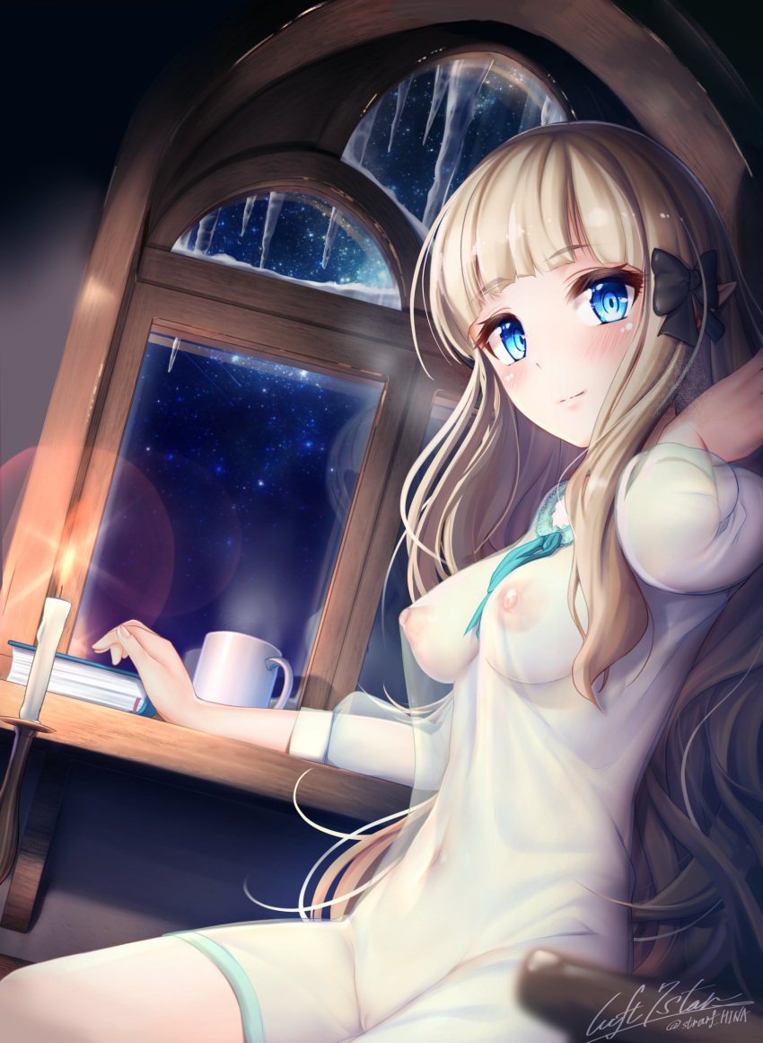 blonde_hair blue_eyes blush book bow candle flame icicle indoors long_hair luft7star night see-through_clothing sitting tagme window