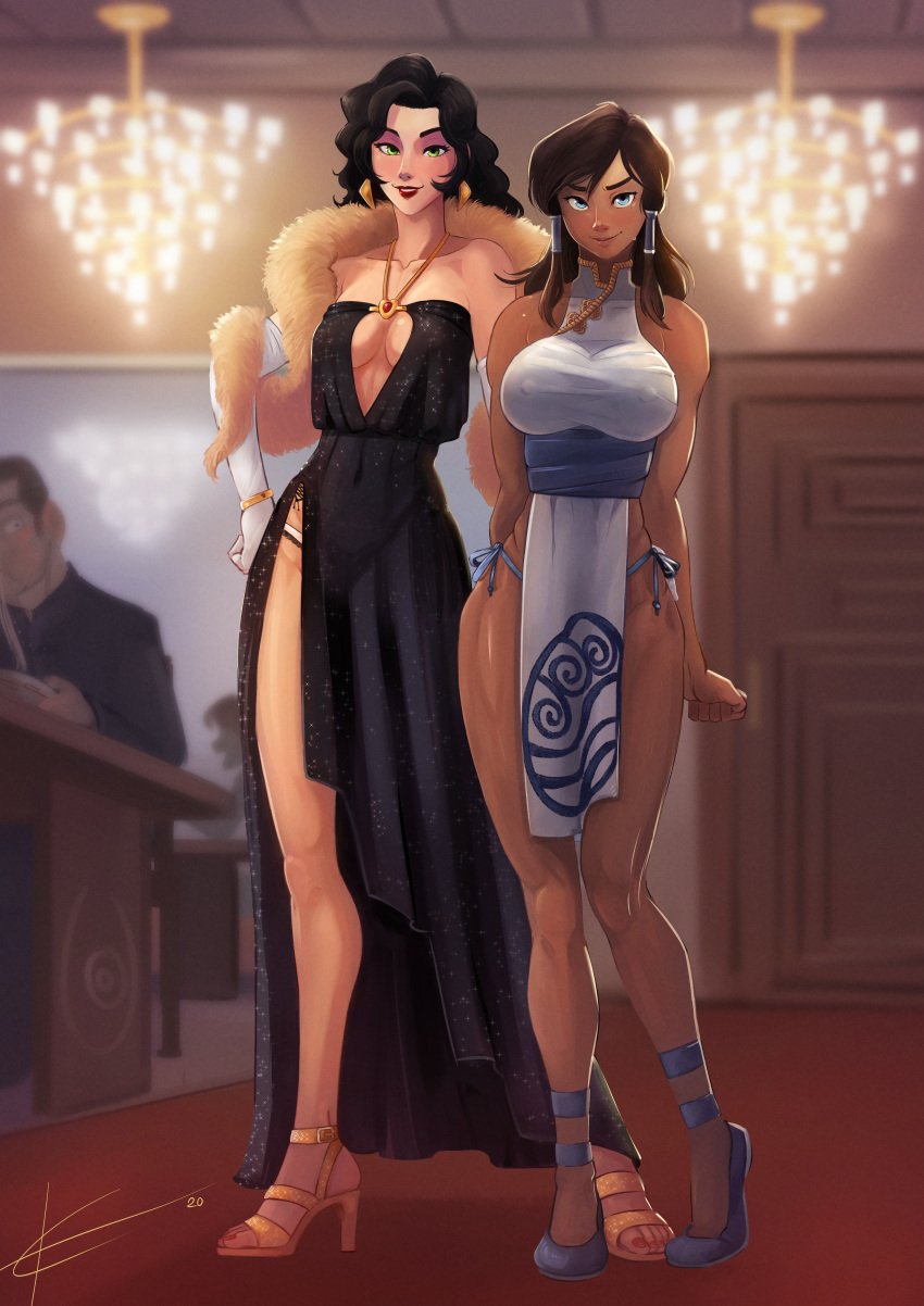 2020 2020s 2girls alternate_breast_size arm_gloves asami_sato avatar_legends bare_legs bare_shoulders big_breasts black_hair blue_eyes boob_window breast_size_difference brown_hair busty canon_couple china_dress chocolate_and_vanilla classy cleavage cleavage_cutout clothing confident couple dark-skinned_female dark_skin date date_night double_slit_dress dress dressed_up earrings elbow_gloves eltonel erect_nipples erect_nipples_under_clothes eyeshadow fancy_clothing feather_boa female female_focus female_protagonist flats footwear full_body fully_clothed green_eyes hair_down hair_tubes height_difference high_heels high_slit_dress hips huge_breasts human interracial jewelry korra large_breasts light-skinned_female lipstick looking_at_viewer makeup male medium_breasts multiple_girls muscular_female nipple_bulge no_bra open_toe_shoes pale_skin panties panty_straps pelvic_curtain public purple_eyeshadow restaurant revealing_clothes rich_girl seductive_smile see-through see-through_dress shoes short_dress shoulderless_dress showing_off side-tie_panties side_slit single_slit_dress size_difference skimpy skimpy_dress skin_tone_difference sleeveless_dress slit_dress smile smug source_request sparkly_dress standing sweatdrop the_avatar the_legend_of_korra thick_thighs water_tribe wide_hips yuri