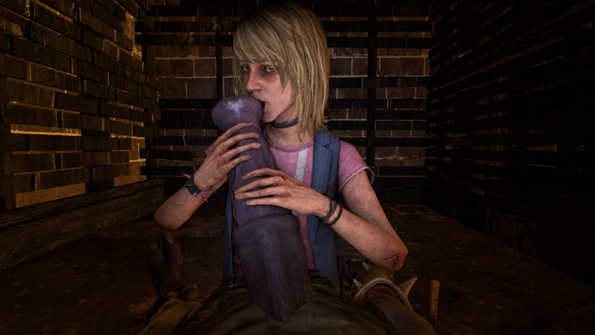 3d 3d_(artwork) blonde_hair brown_eyes cheryl_mason dbd dead_by_daylight female handjob heather_mason human kazan_yamaoka male manual monster oral outerwear pale_skin silent_hill silent_hill_3 smirk spaceboy21 sucking the_oni_(dbd) tongue_out wristwear