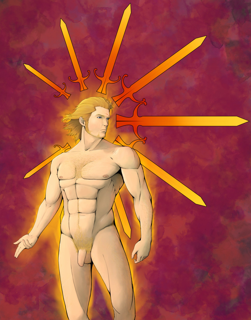 1boy abs artistic_nude average_sized_penis basch_fon_ronsenburg beard blonde_hair body_hair chest_hair colorful_background drawfag drawthread_request feet_out_of_frame final_fantasy final_fantasy_xii flaccid gay glowing looking_to_the_side male_focus male_only muscles muscular nude pecs penis posing pubic_hair scar shoulder_length_hair swords uncut weapon