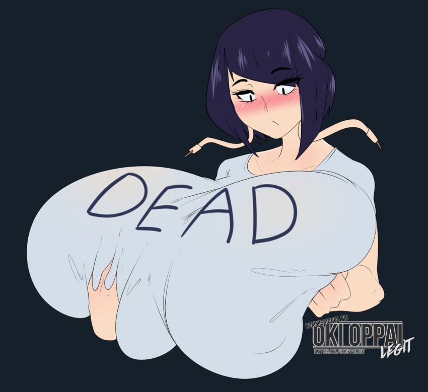 big_breasts clothing_pull fully_clothed huge_breasts kyoka_jiro my_hero_academia okioppai purple_eyes purple_hair scoliosis