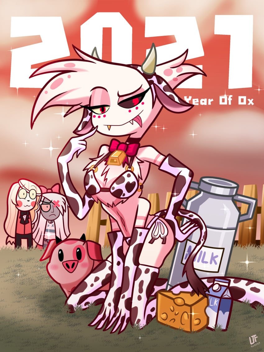 2girls angel_dust_(hazbin_hotel) ass bikini bowtie bra charlie_morningstar_(hazbin_hotel) cheese chest_tuft choker clothed cow_ears cow_print cow_print_bikini cow_tail cowbell cute demon detailed_background eyebrows_raised fangs frown gay gloves hazbin_hotel kneeling lezaki-thefatlizard licking_lips looking_at_viewer male milk mostly_clothed on_knees owo panties pig solo_focus spider straight_hair string_bikini string_panties surprised thighhighs thighs tongue tongue_out vaggie_(hazbin_hotel) white_fur