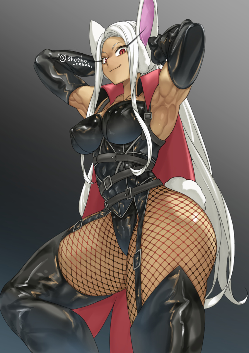 1girls 2010s big_ass breasts bunny_ears bunny_tail cape clothing cosplay crossover_cosplay dark-skinned_female dark_skin dominatrix doronjo doronjo_(cosplay) female fishnets human large_breasts leather leotard long_hair miruko muscular muscular_female my_hero_academia rumi_usagiyama shosho_oekaki solo thick_thighs thin_waist time_bokan_(series) white_hair yatterman