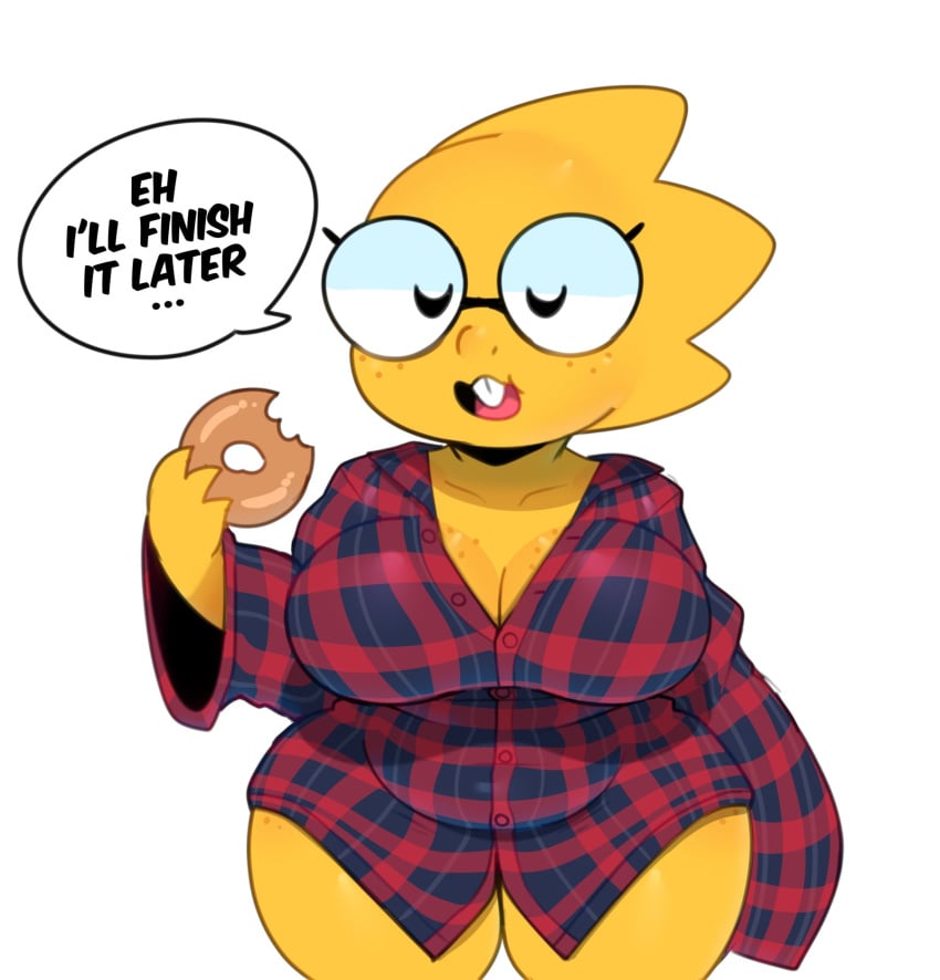 1girls 2021 2d alphys anthro big_breasts chubby_female cleavage donut doughnut eating eating_donut eating_food english_text female female_only glasses humanoid lizard_girl lizard_humanoid reptile reptile_humanoid shirt_only slightly_chubby solo somescrub text thick_thighs undertale undertale_(series) white_background yellow_skin