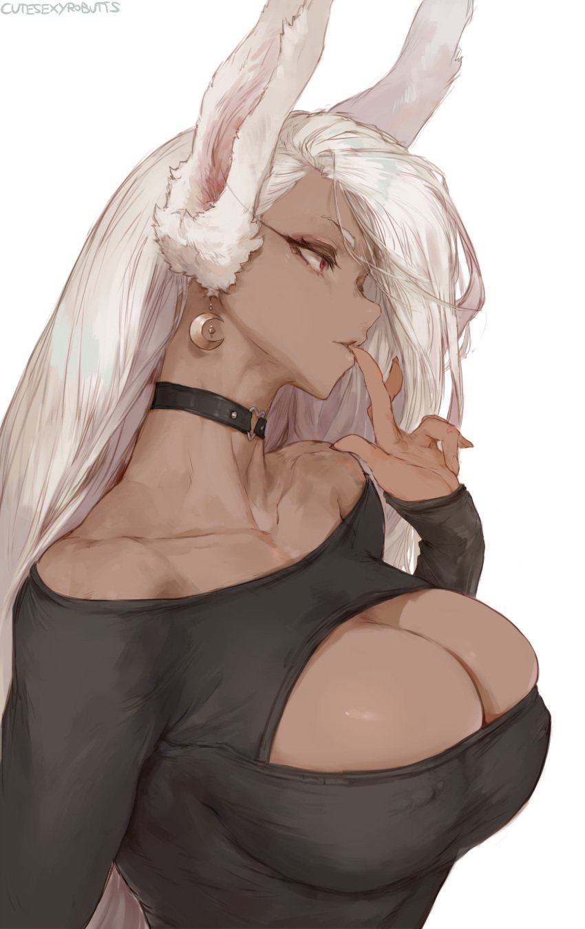 1girls absurd_res animal_ears artist_name boob_window breasts choker cleavage cutesexyrobutts dark-skinned_female dark_skin earrings female female_only finger_in_mouth heart_choker hi_res large_breasts miruko my_hero_academia rabbit_ears red_eyes rumi_usagiyama shounen_jump signature solo white_background white_hair