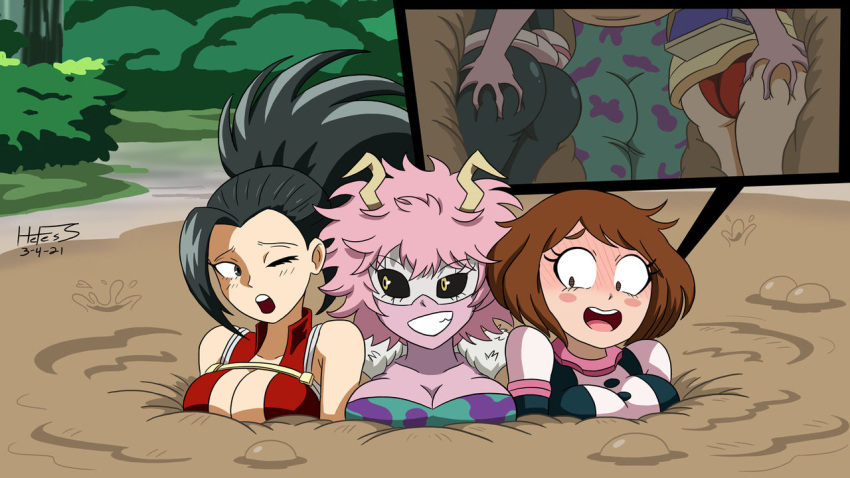 3girls ass ass_focus ass_grab big_ass big_breasts blush breasts butt_focus butt_grab commission female fully_clothed groping groping_ass hefess large_ass large_breasts looking_at_another mina_ashido momo_yaoyorozu mud my_hero_academia ochako_uraraka one_eye_closed open_mouth quicksand sinking smiling stuck superhero_costume superheroine surprised yuri