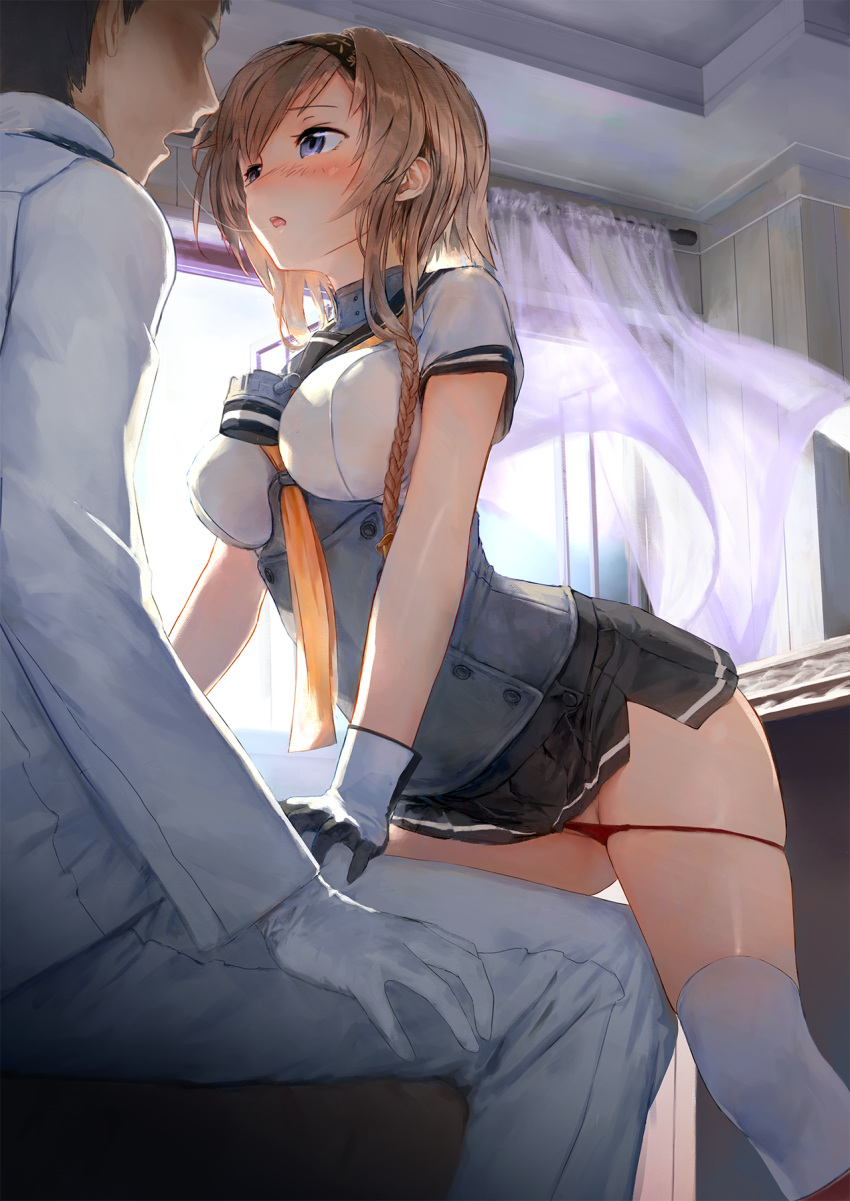 1boy :o absolute_territory admiral_(kantai_collection) after_kiss arched_back assertive between_breasts black_hair black_panties black_underwear blue_eyes blush bottoms_down braid breasts brown_hair clothed_female clothing curtains duo eye_contact female gloves hairband hand_on_another's_thigh high_resolution imminent_sex indoors kantai_collection kissing leaning_forward legs looking_at_another male medium_breasts military military_uniform miniskirt open_mouth over-kneehighs panties_down pantsu panty_pull red_panties red_underwear saliva saliva_trail short_hair_with_long_locks short_sleeves side_braid skindentation skirt staring straight striped striped_skirt tagme teruzuki_(kantai_collection) thighhighs thighs tied_hair treeware underbust underwear underwear_pull undressing uniform white_gloves white_legwear zettai_ryouiki