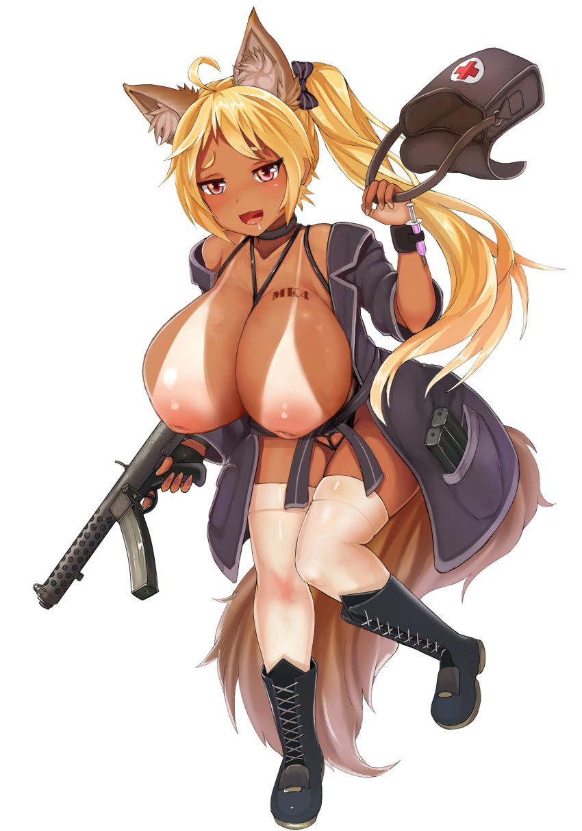 1girls ammunition animal_ears areolae bag bikini_tan black_footwear blonde_hair boots breasts drooling female female_only first_aid_kit full_body gun highres holding holding_bag holding_gun holding_weapon huge_breasts inverted_nipples jacket knee_boots leaning_forward leg_up long_hair looking_at_viewer narane nipples open_mouth photoshop_(medium) saliva simple_background solo standing standing_on_one_leg syringe tan tanline tanlines thighhighs thighhighs_under_boots trigger_discipline weapon white_background white_legwear