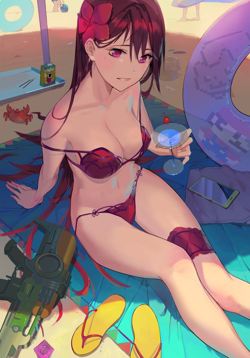 arm_support bare_shoulders beach bikini breasts cellphone cleavage cocktail condom_wrapper crab damiaodi day fate/grand_order fate_(series) female flip-flops flower food garter hair_flower hair_ornament high_resolution innertube large_breasts leg_garter long_hair looking_at_viewer mario mario_(series) martini navel nyan_cat outdoors parted_lips phone pink_bikini pink_eyes pink_swimsuit pocky purple_hair sandals scathach_(fate) scathach_(swimsuit_assassin) shade sitting smartphone solo_focus strap_slip super_mario_bros. surfboard sweat swimsuit tagme very_long_hair water_gun