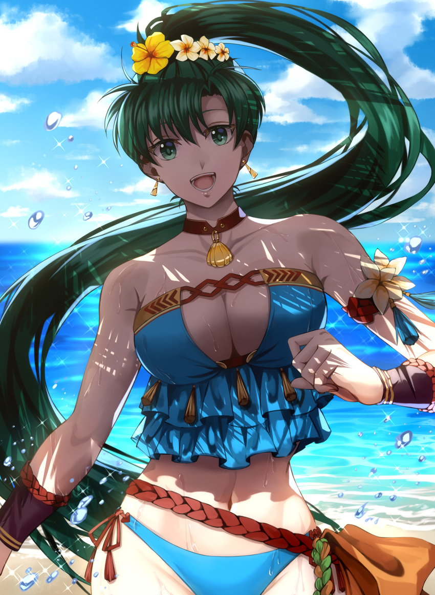 1girls alternate_costume bare_shoulders belt bikini blue_bikini blue_sky blue_swimsuit breasts cleavage cloud cloudy_sky collarbone commentary_request day delsaber ear_piercing earrings female fire_emblem fire_emblem:_the_blazing_blade fire_emblem_heroes flower flower_in_hair green_eyes green_hair hair_flower hair_ornament hibiscus highres jewelry lips long_hair looking_at_viewer lyn_(fire_emblem) lyn_(summer)_(fire_emblem) lyndis_(fire_emblem) navel nintendo ocean open_mouth outdoors outside ponytail saber7 sand side-tie_bikini simple_background sky smile solo stomach swimsuit tied_hair water water_drop white_skin wristband