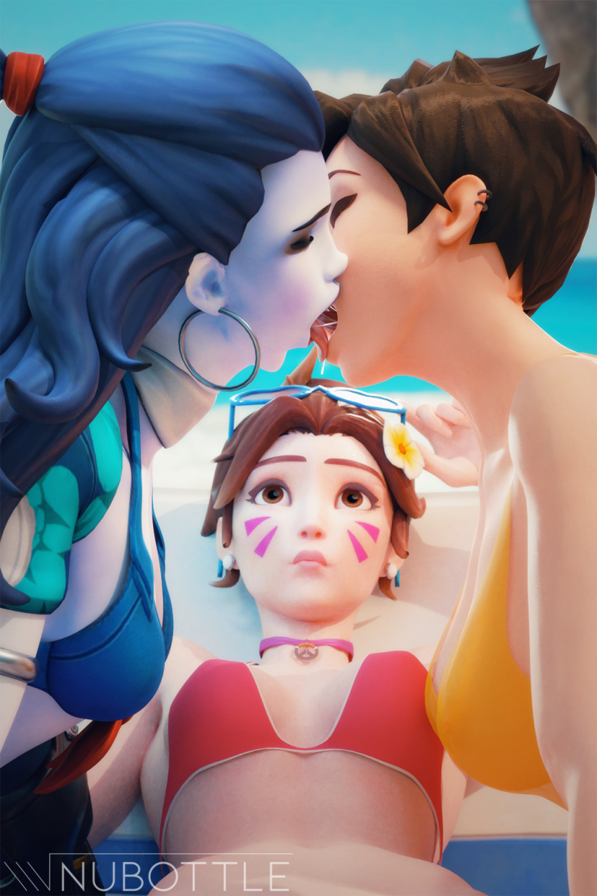 3d 3girls bikini cote_d'azur_widowmaker d.va female female_only kissing nubottle overwatch tracer widowmaker yuri