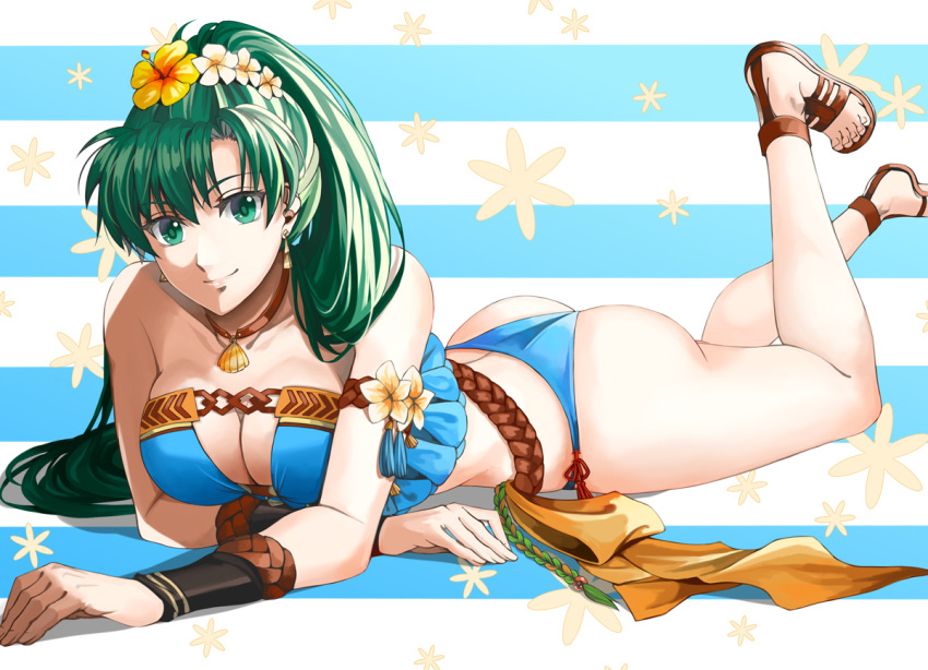 1girls 2021 2d alternate_costume ass ass_cleavage big_breasts bikini blue_bikini blue_swimsuit bracelet breasts cleavage delsaber ear_piercing earrings female fire_emblem fire_emblem:_the_blazing_blade fire_emblem_heroes flower flower_in_hair gladiator_sandals green_eyes green_hair hair_flower hair_ornament heroine human human_female human_only jewelry light-skinned_female light_skin lipstick long_hair looking_at_viewer lying lyn_(fire_emblem) lyn_(summer)_(fire_emblem) lyndis_(fire_emblem) nintendo no_sex not_ai_generated on_stomach ponytail realistic_breast_size realistic_proportions rope_belt saber7 sandals smile smiling_at_viewer solo solo_female straight_hair swimsuit teenage_girl teenager the_pose white_skin