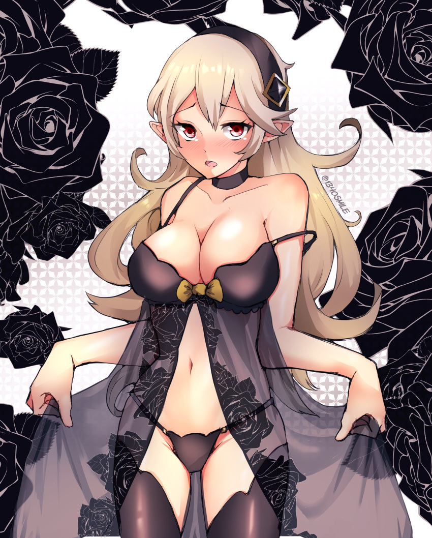 1340smile 1girls absurdres babydoll black_flower black_rose blush camisole chemise corrin_(fire_emblem) corrin_(fire_emblem)_(female) embarrassed female female_only fire_emblem fire_emblem_fates flower frills hairband highres lace lingerie long_hair navel negligee nightgown nintendo off_shoulder pointy_ears red_eyes ribbon rose silver_hair solo spaghetti_strap thighhighs underwear white_hair