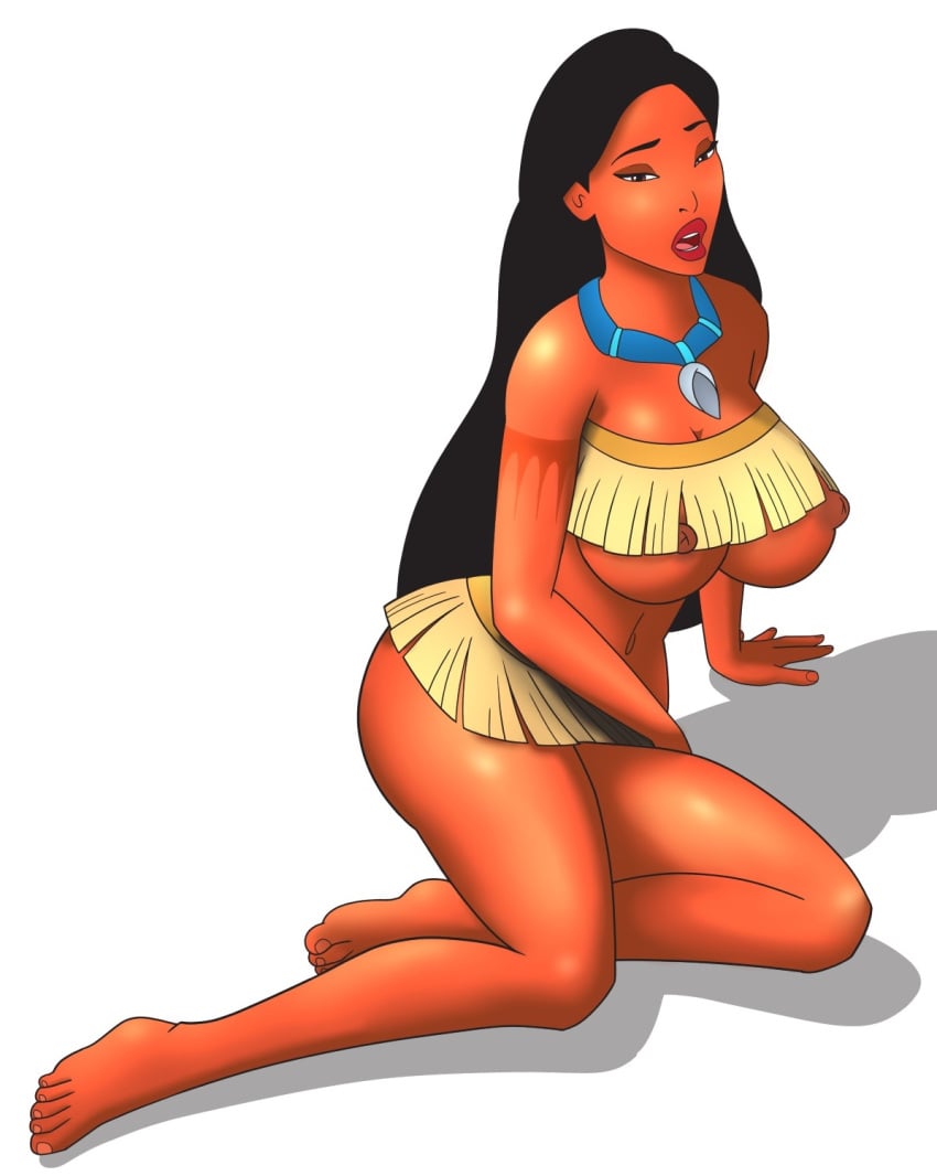 bedroom_eyes big_butt big_nipples bikini black_hair breasts_out dark_skin disney disney_princess human large_breasts long_hair native_american neckwear nipples open_mouth pocahontas pocahontas_(character) rivawi tagme tattoo thick_thighs voluptuous white_background