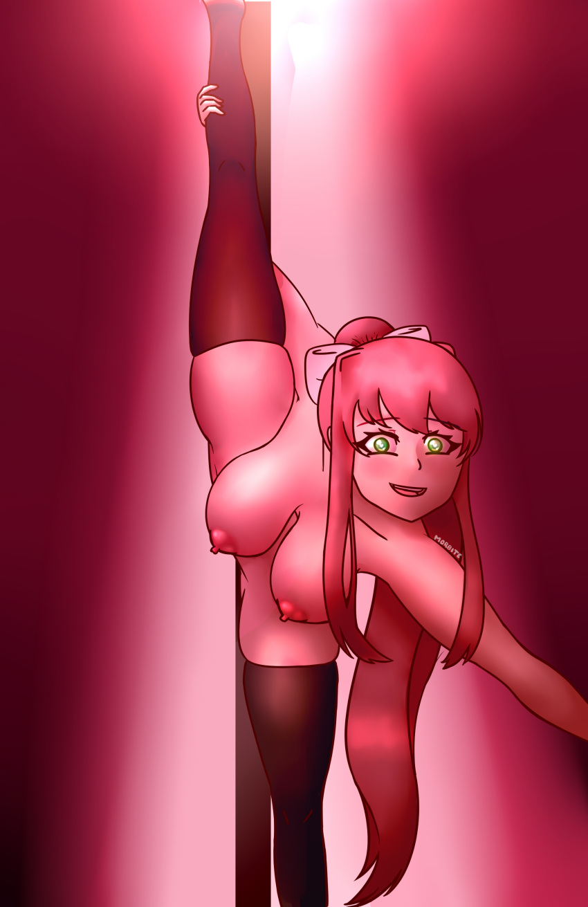 big_breasts brown_hair doki_doki_literature_club green_eyes monika_(doki_doki_literature_club) morbite nipples stripper_pole thick_thighs thighhighs