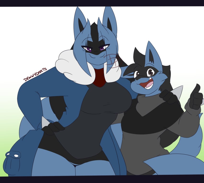 1boy breasts dart(dewwydartz) dewwydartz female furry furry_only hand_on_hip hourglass_figure jacket looking_at_viewer lucario may_(dewwydartz) pokemon pokemon_(species) wide_hips