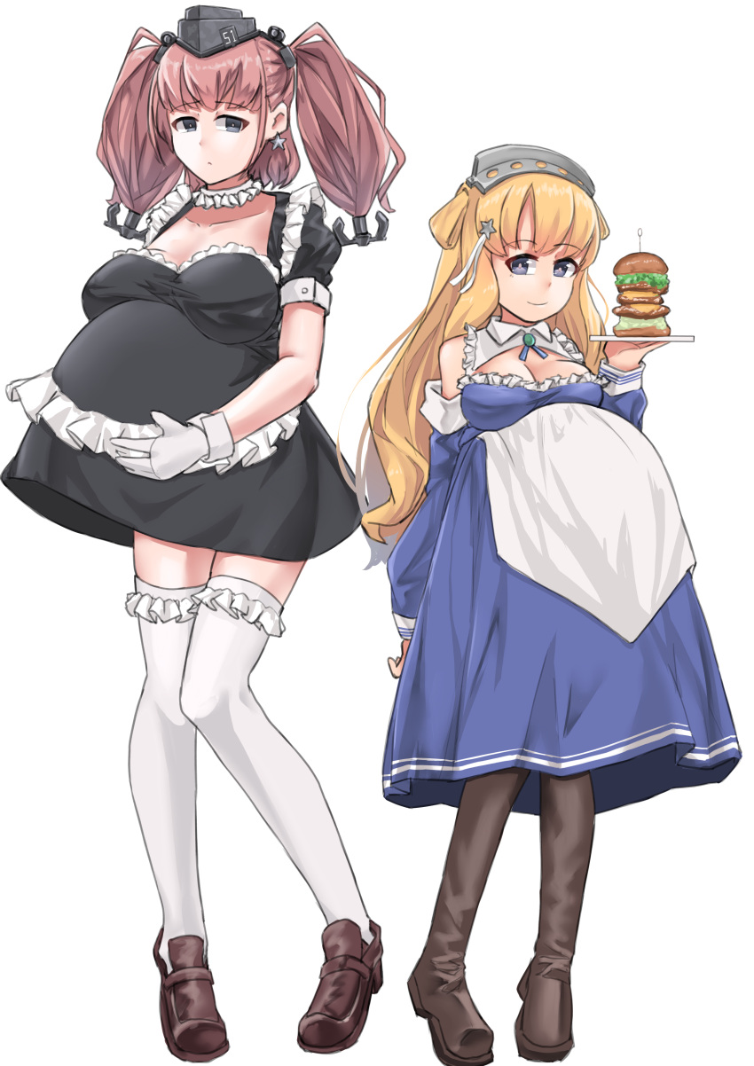 2girls apron atlanta_(kantai_collection) big_breasts blonde_hair boots clothing dress earrings female female_only fletcher_(kantai_collection) frills fully_clothed garylin gloves grey_eyes hair_ornament hand_on_belly headgear kantai_collection long_hair looking_at_viewer maid maid_uniform pink_hair pregnant small_breasts smile thighhighs twintails white_legwear white_thighhighs