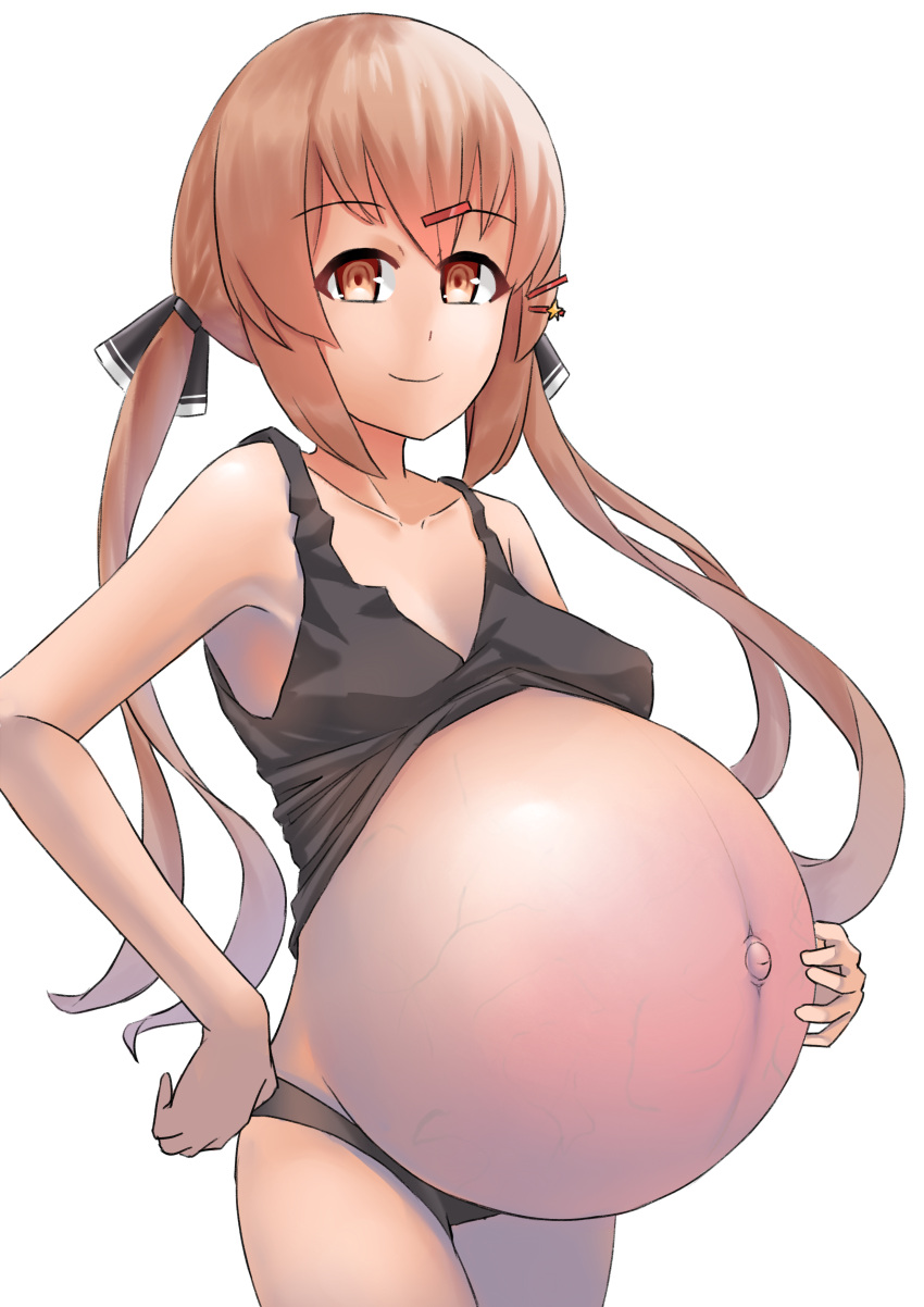 big_belly black_panties brown_eyes brown_hair female female_only garylin hair_ornament hair_ribbon kantai_collection long_hair looking_at_viewer navel no_bra outie_navel panties popped_navel pregnant ready_to_pop shirt_up smile solo tank_top tashkent_(kantai_collection) twintails veiny_belly