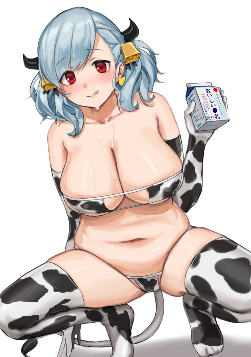 :q absurdres alternate_costume areola_slip areolae bangs bell bikini breasts cleavage cow_horns cow_tail cowbell ear_tag elbow_gloves eyebrows_visible_through_hair female girls'_frontline gloves grey_hair highres holding horns kuro_(zhurunbo1997) large_breasts looking_at_viewer medium_hair micro_bikini milk milk_carton navel plump red_eyes shadow simple_background solo spas-12_(girls'_frontline) squatting swimsuit tail thighhighs tongue tongue_out white_background