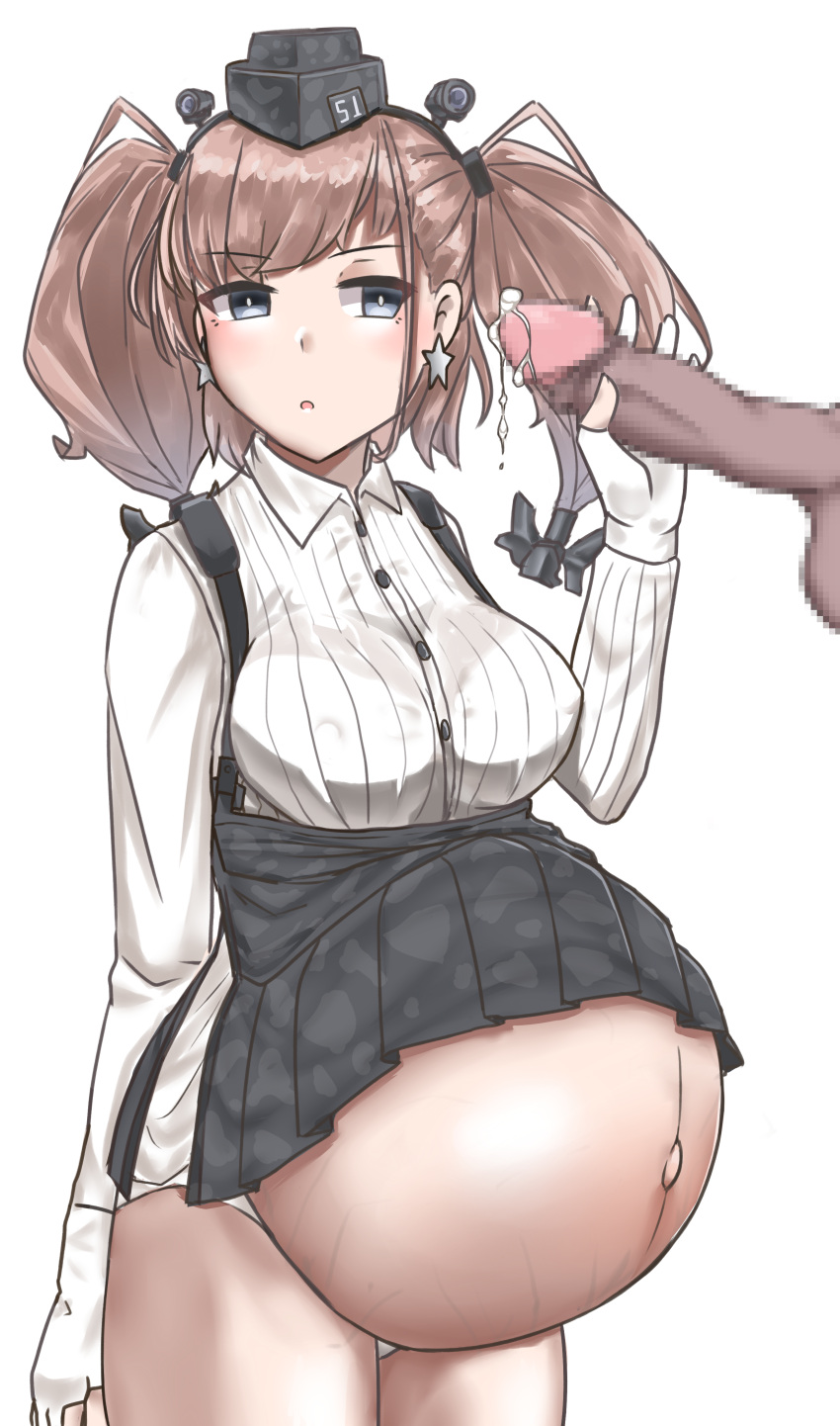 atlanta_(kantai_collection) brown_hair censored censored_penis clothing cum dark-skinned_male earrings erect_nipples_under_clothes female female_focus garylin gloves grey_eyes hair_ornament handjob headgear holding_penis huge_belly kantai_collection mosaic_censoring panties partially_covered_belly penis pregnant ready_to_pop skirt_up solo_focus twintails veiny_belly white_panties