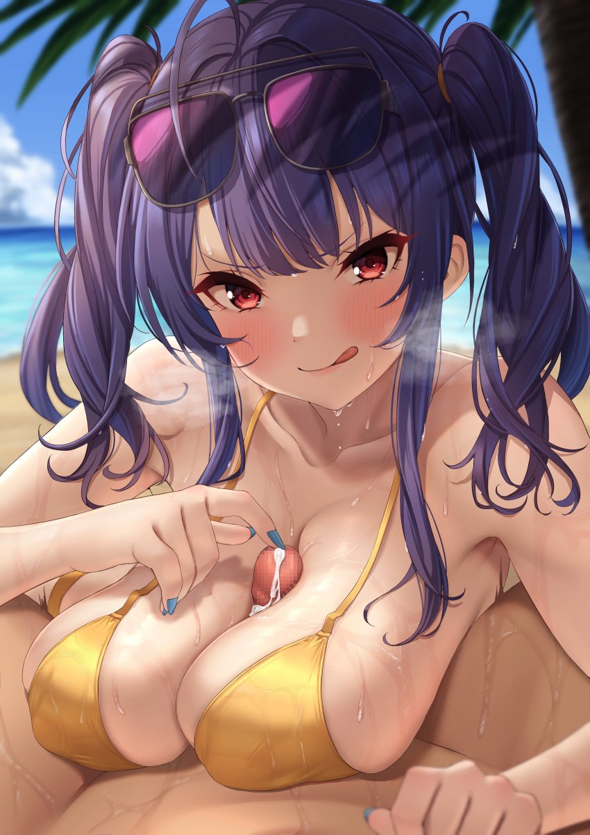 1boy :q absurdres azur_lane bangs bare_shoulders bikini blush breasts censored cleavage covered_nipples cum eyebrows_visible_through_hair eyewear_on_head female heavy_breathing highres large_breasts long_hair looking_at_viewer momo_no_sukebe mosaic_censoring nail_polish official_alternate_costume paizuri penis pola_(azur_lane) pola_(seaside_coincidence)_(azur_lane) pov purple_hair red_eyes sidelocks smile solo_focus straight sunglasses sweat swimsuit teasing_penis tongue tongue_out twintails yellow_bikini