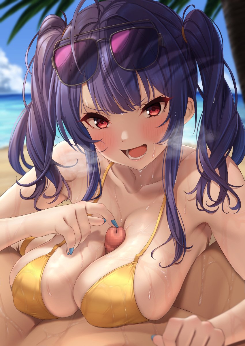 1boy :q absurdres azur_lane bangs bare_shoulders bikini blush breasts censored cleavage covered_nipples cum eyebrows_visible_through_hair eyewear_on_head female heavy_breathing highres large_breasts long_hair looking_at_viewer momo_no_sukebe mosaic_censoring nail_polish official_alternate_costume paizuri penis pola_(azur_lane) pola_(seaside_coincidence)_(azur_lane) pov purple_hair red_eyes sidelocks smile solo_focus straight sunglasses sweat swimsuit tongue tongue_out twintails yellow_bikini