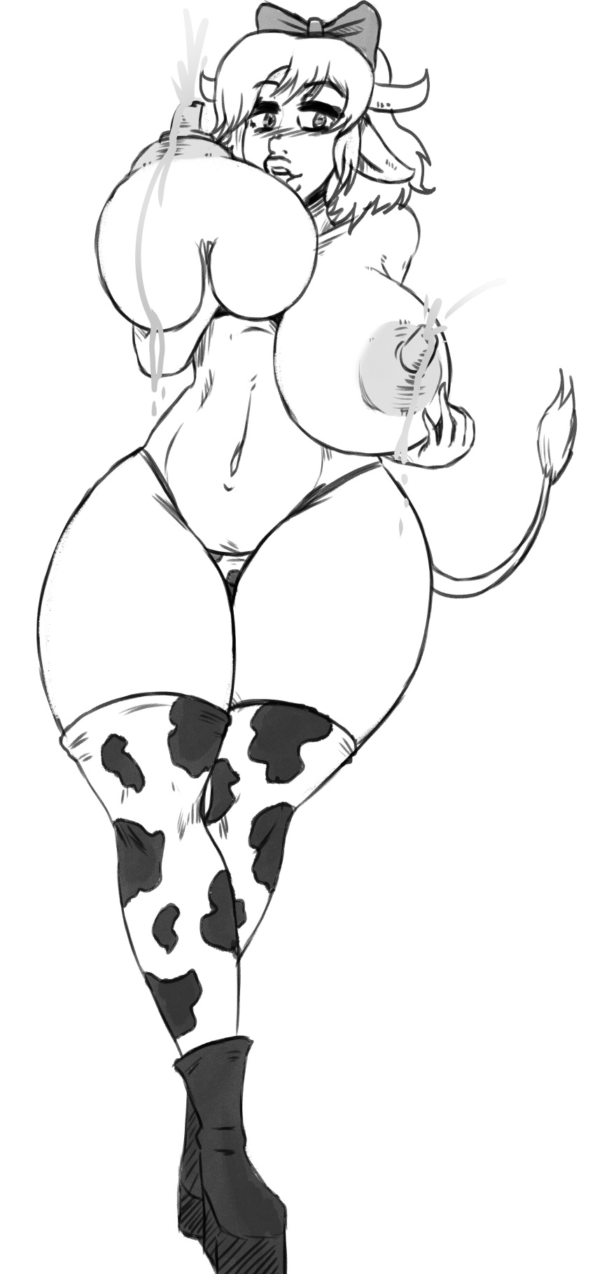 big_breasts big_lips big_thighs bimbo bow breast_hold breast_lift cow_bikini cow_ears cow_girl cow_horns cow_tail cow_thighighs cow_thong huge_breasts huge_nipples lactation long_nipples milk milk_squirt nipples oc original_character puffy_nipples schinkn short_hair sketch thick_thighs thighhighs thong white_background