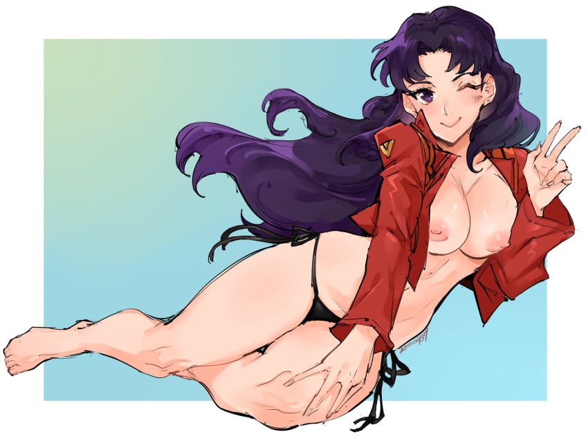 barefoot blue_background blush border breasts cleavage clothing commission curvy female gradient gradient_background hand_on_own_knee highres jacket kenshin187 large_breasts long_hair looking_at_viewer misato_katsuragi neon_genesis_evangelion nipples no_bra no_pants no_shirt one_eye_closed outside_border panties purple_eyes purple_hair red_jacket side-tie_panties sketch smile solo underwear v white_border wink