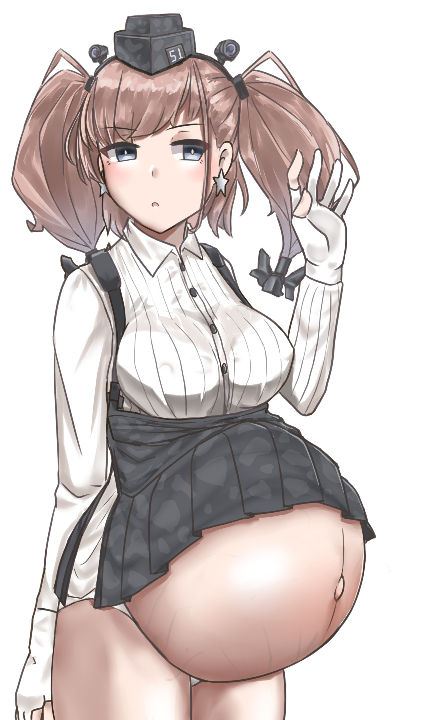 atlanta_(kantai_collection) brown_hair clothing earrings erect_nipples_under_clothes female female_only garylin gloves grey_eyes hair_ornament headgear huge_belly kantai_collection panties partially_covered_belly pregnant ready_to_pop skirt_up solo twintails veiny_belly white_panties