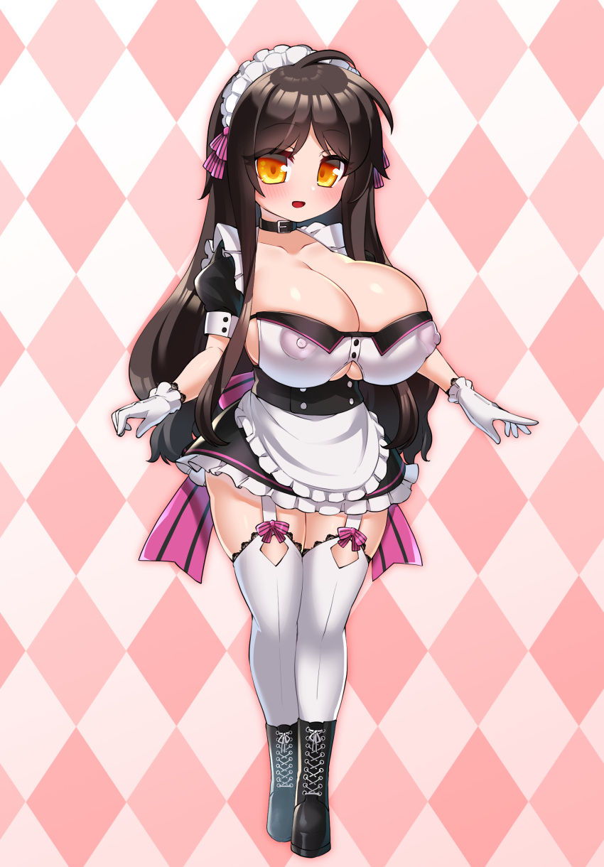 absurdres ahoge apron areola areolae bangs belt_collar big_breasts bimbo black_hair blush boots breasts cleavage cleavage_cutout clothing_cutout collar collarbone covered_erect_nipples dress eyebrows_visible_through_hair female frilled_dress frills full_body garter_straps gloves highres huge_areolae huge_breasts huge_nipples hyper_breasts katuu large_breasts long_hair maid maid_apron maid_headdress nipples nipples_visible_through_clothing original ribbon see-through shortstack smile solo thighhighs transparent_clothes transparent_clothing underboob_cutout white_gloves yellow_eyes