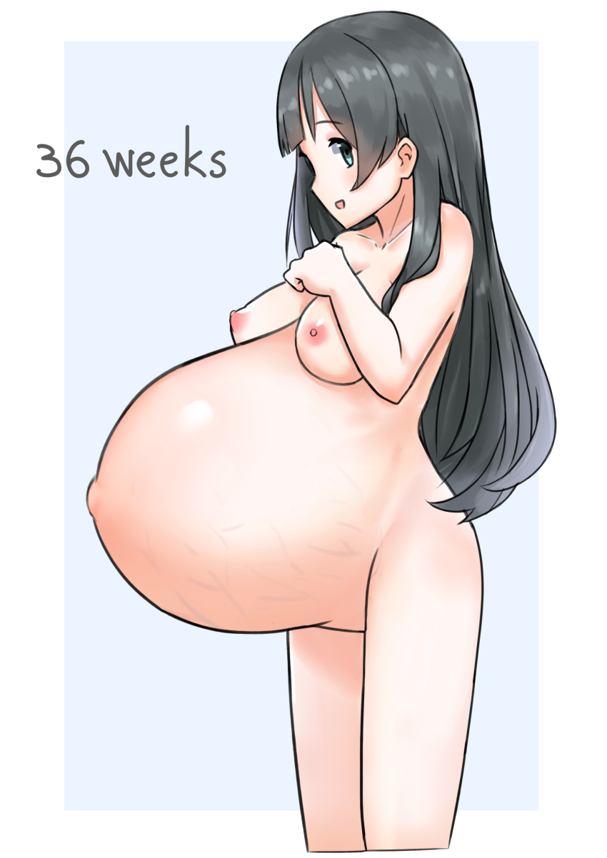 1girls agano_(kantai_collection) aqua_eyes big_belly black_hair breasts_apart cropped_legs female female_only garylin huge_belly kantai_collection long_hair nude outie_navel popped_navel pregnancy_progression pregnant ready_to_pop solo stretch_marks