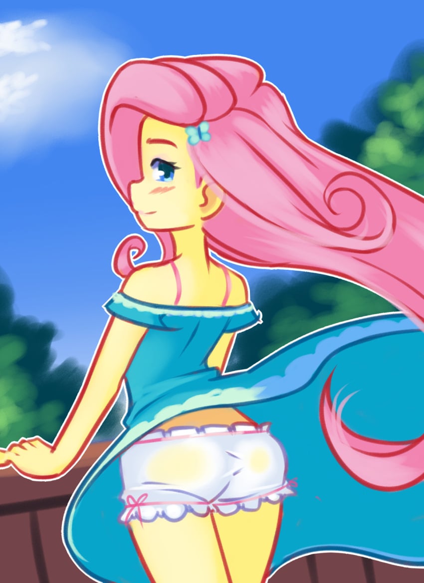 back_view bloomers butterfly_hair_ornament drantyno equestria_girls fluttershy_(eg) fluttershy_(mlp) friendship_is_magic looking_back my_little_pony skirt_lift straight_hair sundress wind_lift