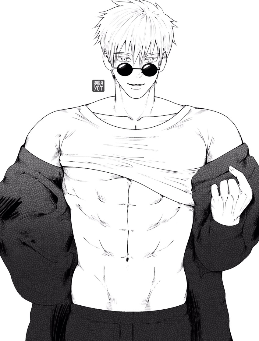 abs barayot come_here jujutsu_kaisen looking_over_eyewear looking_over_glasses looking_over_sunglasses male male_only satoru_gojo sunglasses tinted_eyewear