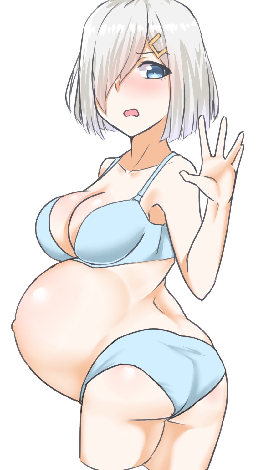 1girls ass big_belly big_breasts blue_bra blue_eyes blue_panties blush bob_cut bra cleavage clothing exposed_belly female female_only garylin hair_over_one_eye hairclip hamakaze_(kantai_collection) huge_belly kantai_collection looking_at_viewer looking_back matching_underwear open_mouth outie_navel panties popped_navel pregnant ready_to_pop short_hair sidebelly solo underwear_only white_background white_hair