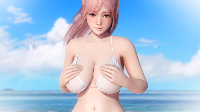 1girls 3d beach bikini breasts covering covering_breasts dead_or_alive dead_or_alive_5 dead_or_alive_5_last_round doahdm embarrassed female gravure_studio honoka_(doa) large_breasts ninja_gaiden public tecmo