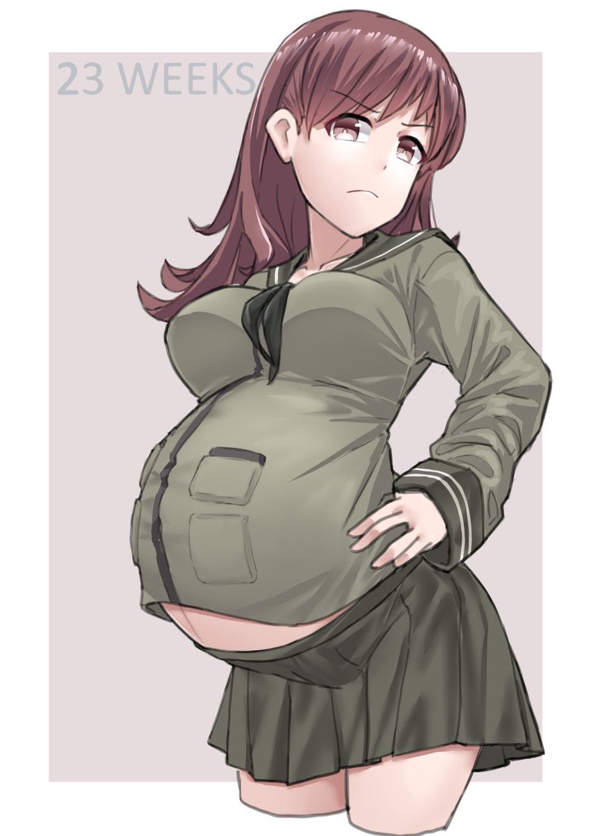 annoyed big_belly brown_eyes brown_hair clothing cowboy_shot female female_only frown fully_clothed garylin hand_on_hip huge_belly kantai_collection long_hair looking_at_viewer naval_uniform ooi_(kantai_collection) partially_exposed_belly pregnant ready_to_pop sailor_uniform school_uniform skirt solo uniform upset